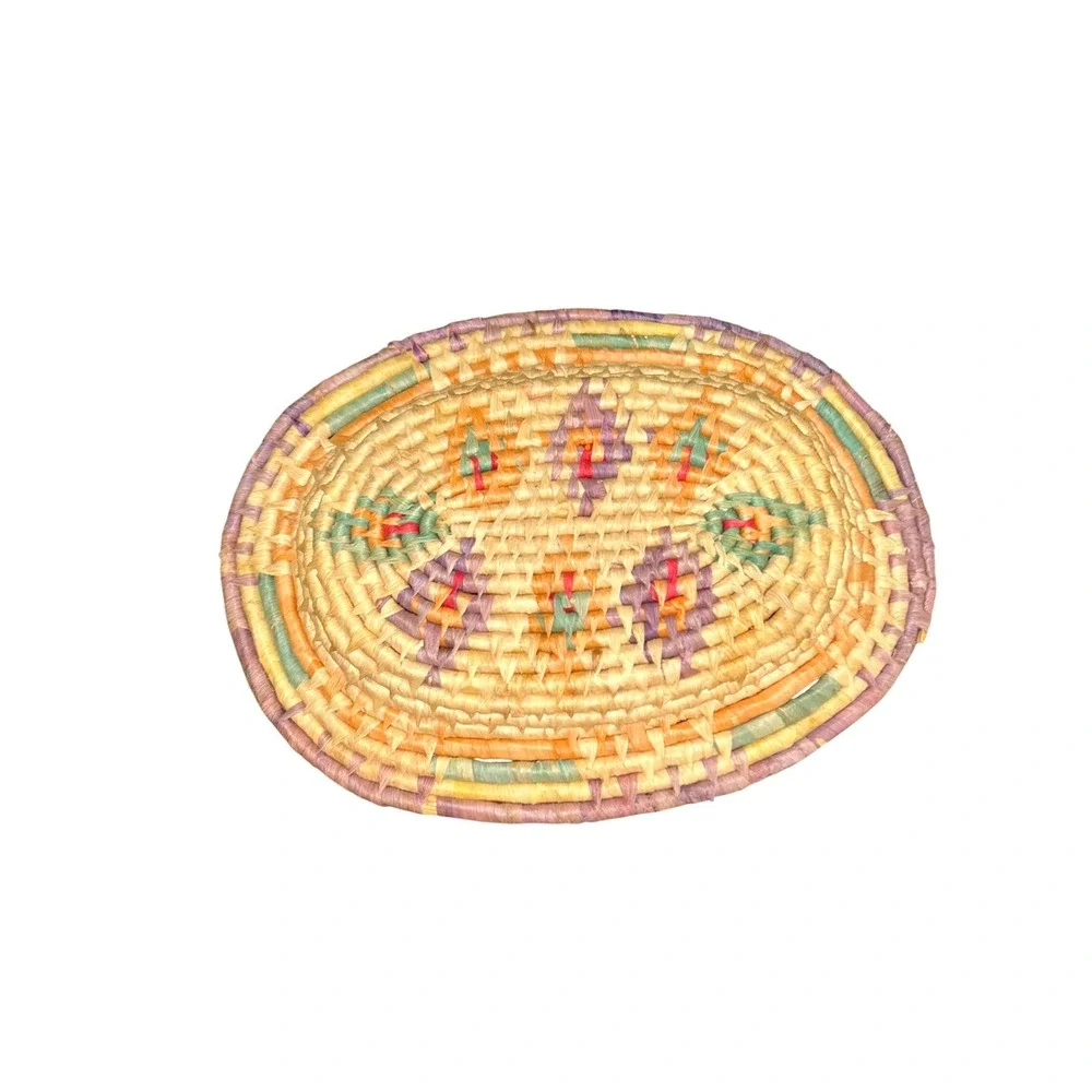 Vintage Hand Woven Oval Basket Tray Geometric Boho Wall Decor Colorful 15x11